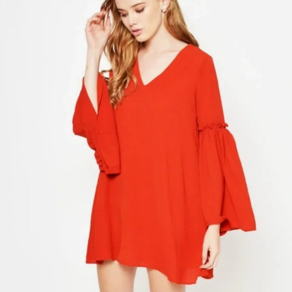 Zara Trafaluc Retro Hippy Boho Flared Bell Sleeve V-Neck Tunic Mini Dress Auburn